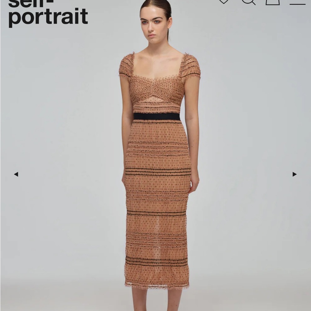 Tan Dot Mesh Shirred Midi Dress